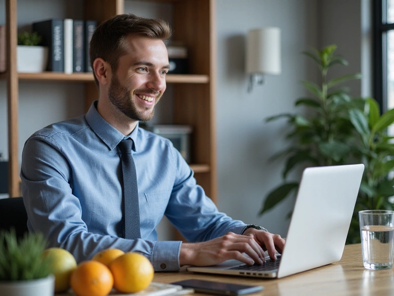 Uomo che lavora al computer durante una videochiamata per una consulenza online.
